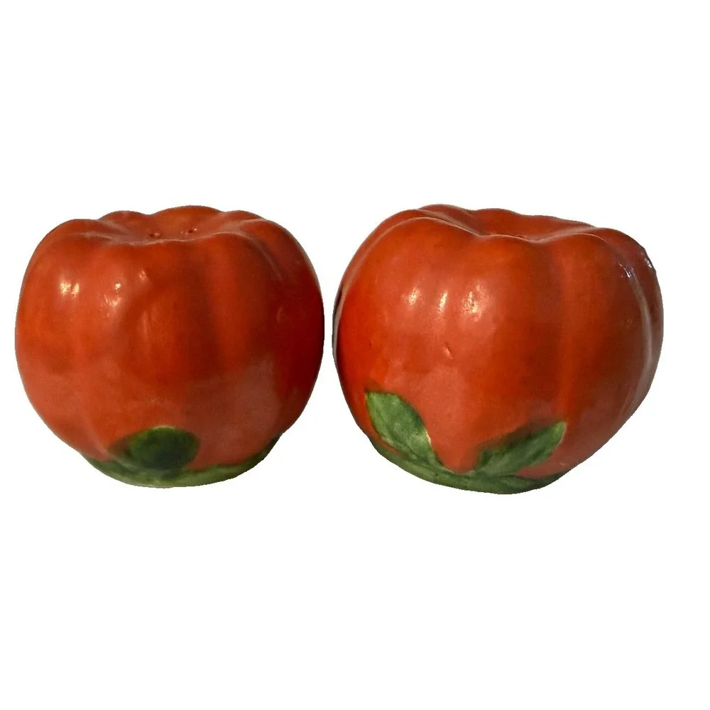 Vintage Japan Tomato Salt Pepper Shakers Ceramic Red Cork Stoppers MCM